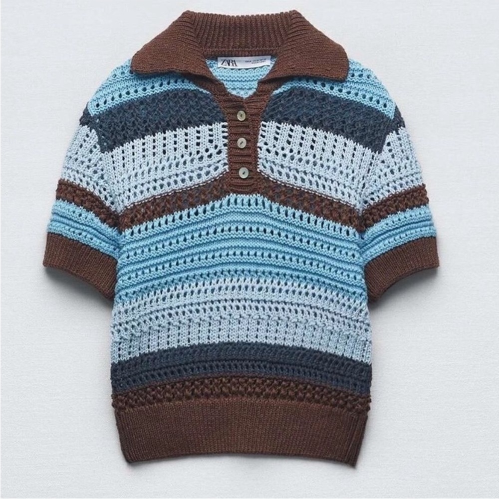 Zara Open Pointelle Knit Blue Brown Stripe Collar Crop Top Shirt Medium Retro